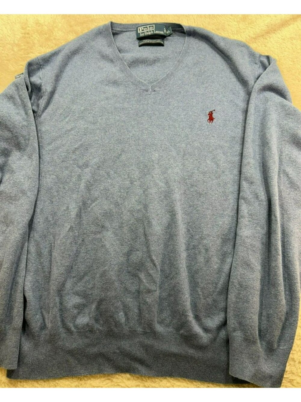 Polo Ralph Lauren Mens Blue V-Neck Sweater XL 100% Pima Cotton Red Pony Logo - Picture 1 of 4